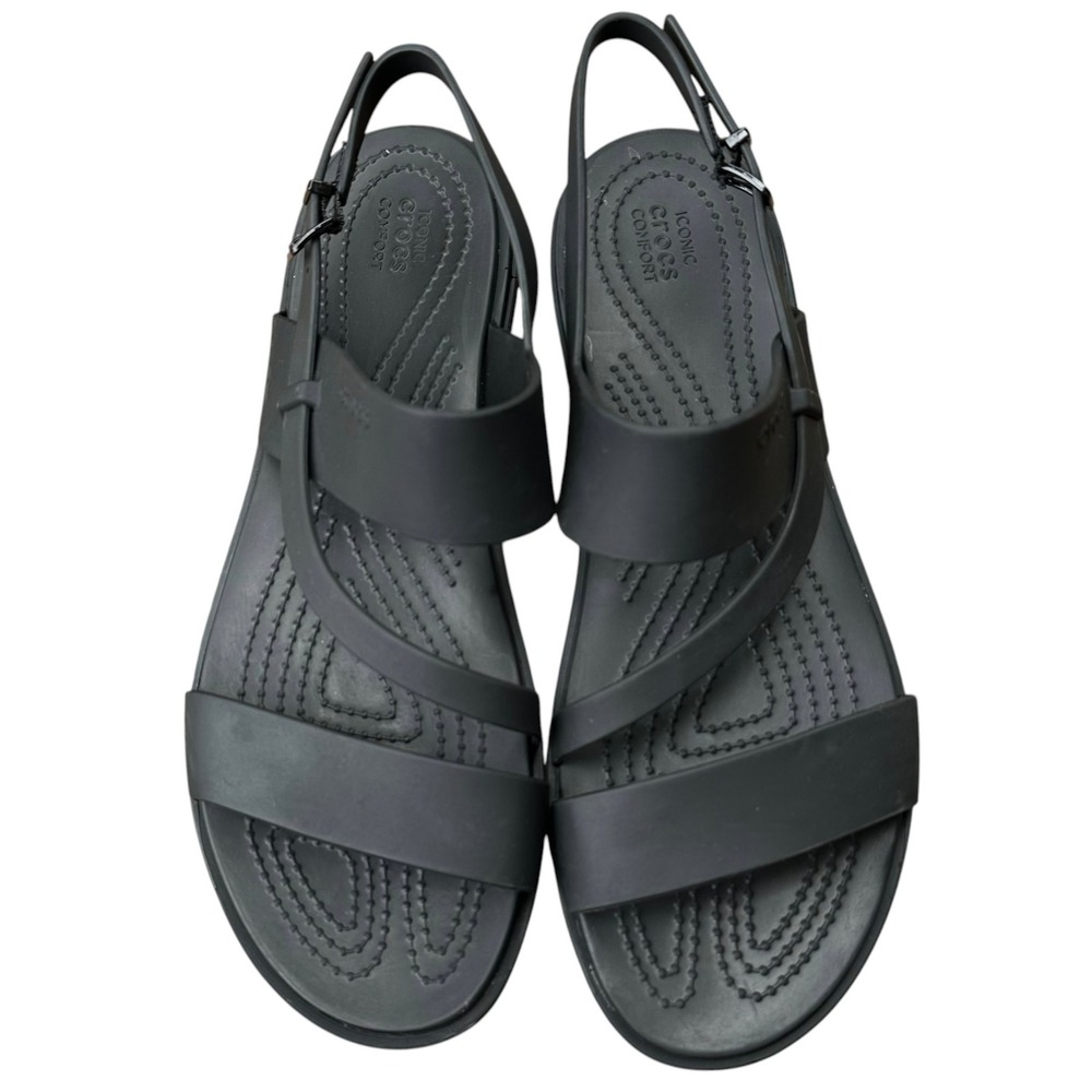 Crocs Tulum Strappy Sandals Black Women's Size 9 Flat Adjustable Buckle Comfort